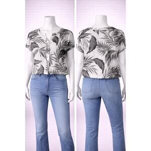 Tahari 100% Linen Palm Leaf Crop Top Womens Large Black White Summer shirt